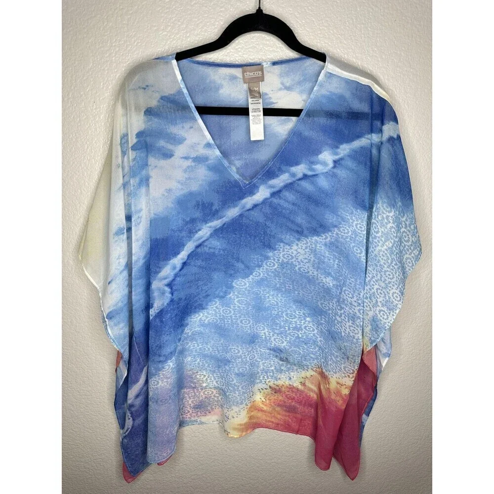 Chicos Poncho Top Womens Small Medium Blue Pink Sheer Chiffon V Neck Boho Flowy - Picture 1 of 5